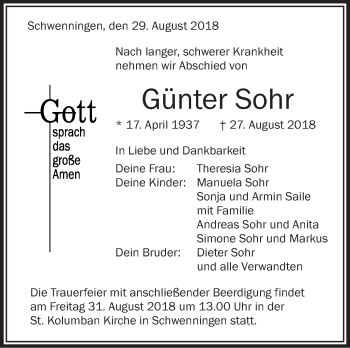 Anzeige von Günter Sohr von Schwäbische Zeitung