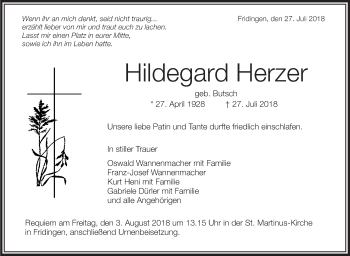 Anzeige von Hildegard Herzer von Schwäbische Zeitung