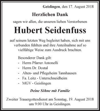 Anzeige von Hubert Seidenfuss von Schwäbische Zeitung