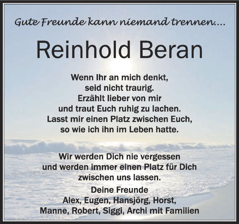  Traueranzeige für Reinhold Beran vom 18.08.2018 aus Schwäbische Zeitung