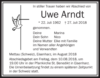 Anzeige von Uwe Arndt von Schwäbische Zeitung