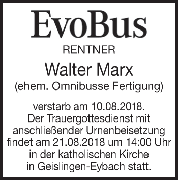 Anzeige von Walter Marx von Schwäbische Zeitung