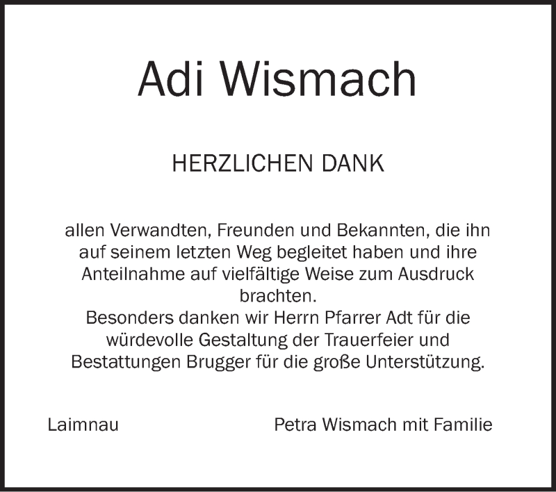  Traueranzeige für Adi Wismach vom 08.09.2018 aus Schwäbische Zeitung