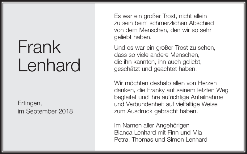  Traueranzeige für Frank Lenhard vom 05.09.2018 aus Schwäbische Zeitung