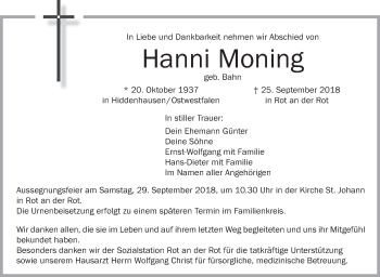 Anzeige von Hanni Moning von Schwäbische Zeitung