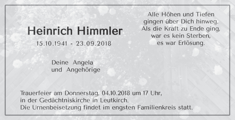  Traueranzeige für Heinrich Himmler vom 29.09.2018 aus Schwäbische Zeitung