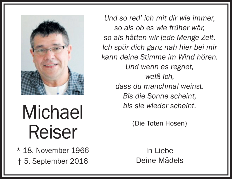  Traueranzeige für Michael Reiser vom 05.09.2018 aus Schwäbische Zeitung