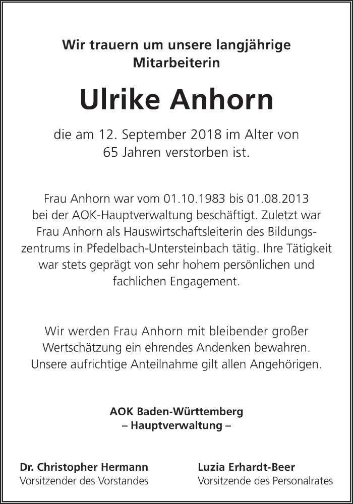  Traueranzeige für Ulrike anhorn vom 15.09.2018 aus Schwäbische Zeitung