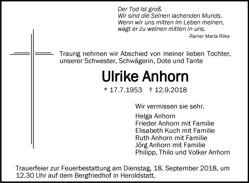  Traueranzeige für Ulrike anhorn vom 15.09.2018 aus Schwäbische Zeitung