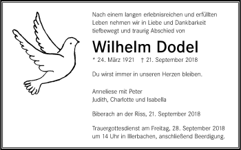 Anzeige von Wilhelm Dodel von Schwäbische Zeitung