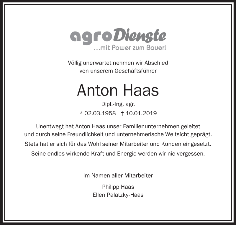  Traueranzeige für Anton Haas vom 12.01.2019 aus Schwäbische Zeitung