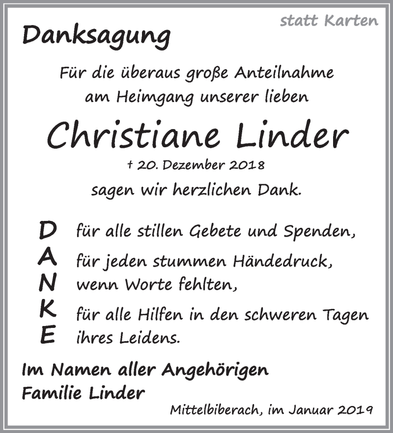  Traueranzeige für Christiane Linder vom 05.01.2019 aus Schwäbische Zeitung