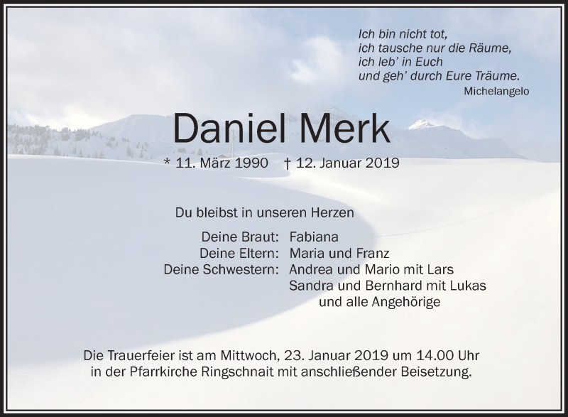  Traueranzeige für Daniel Merk vom 19.01.2019 aus Schwäbische Zeitung