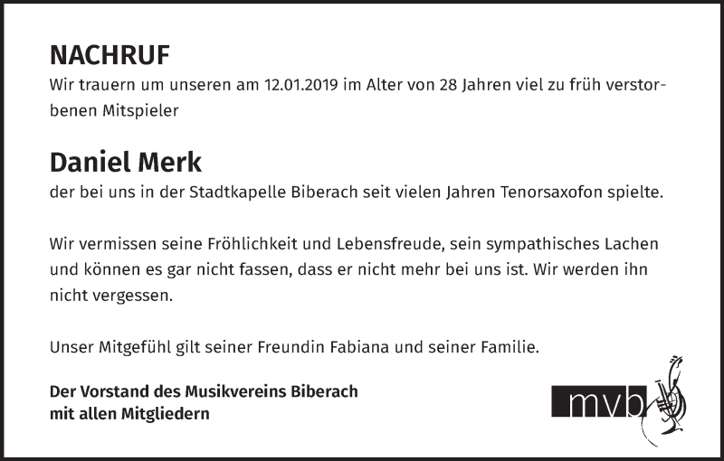  Traueranzeige für Daniel Merk vom 22.01.2019 aus Schwäbische Zeitung