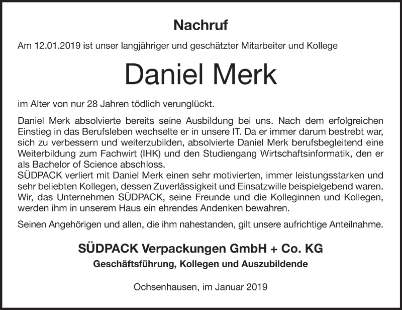 Traueranzeige für Daniel Merk vom 24.01.2019 aus Schwäbische Zeitung