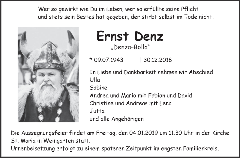  Traueranzeige für Ernst Denz vom 02.01.2019 aus Schwäbische Zeitung