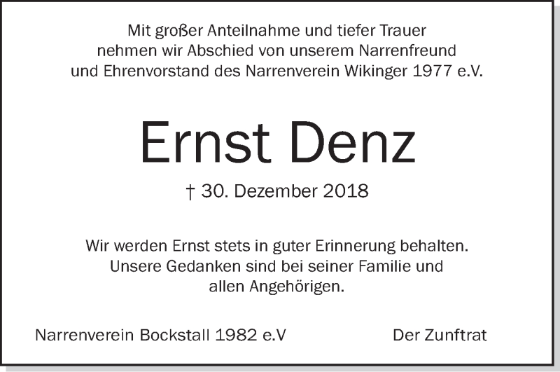  Traueranzeige für Ernst Denz vom 03.01.2019 aus Schwäbische Zeitung