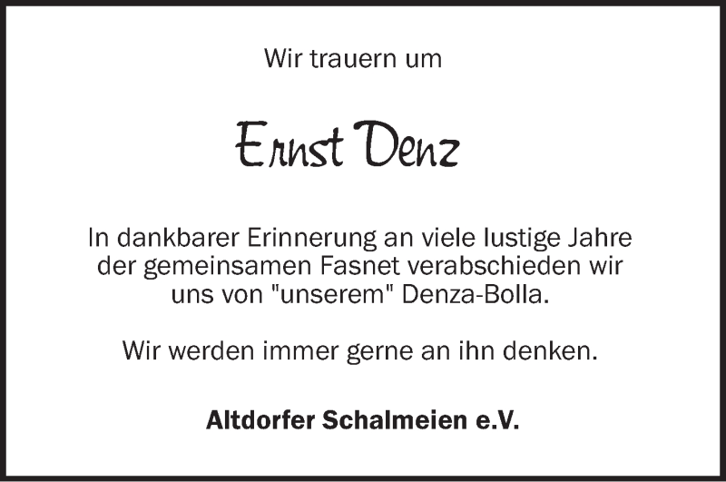  Traueranzeige für Ernst Denz vom 05.01.2019 aus Schwäbische Zeitung