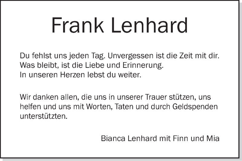  Traueranzeige für Frank Lenhard vom 19.01.2019 aus Schwäbische Zeitung