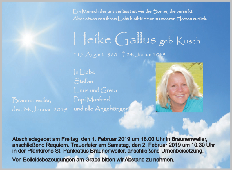  Traueranzeige für Heike Gallus vom 31.01.2019 aus Schwäbische Zeitung