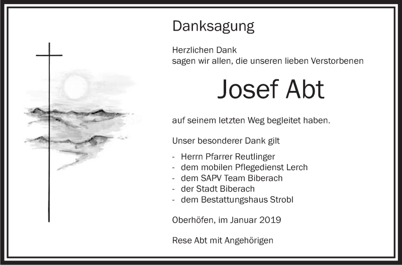  Traueranzeige für Josef Abt vom 23.01.2019 aus Schwäbische Zeitung