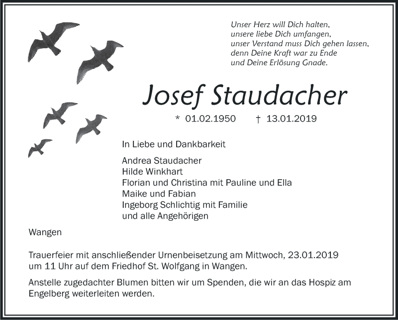  Traueranzeige für Josef Staudacher vom 19.01.2019 aus Schwäbische Zeitung