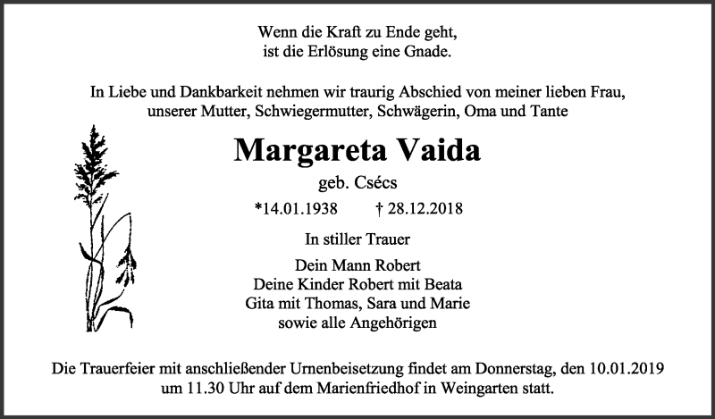 Traueranzeige Von Margareta Vaida Schwaebische De Trauerportal