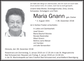 Traueranzeigen von Maria Gnann | schwaebische.de Trauerportal