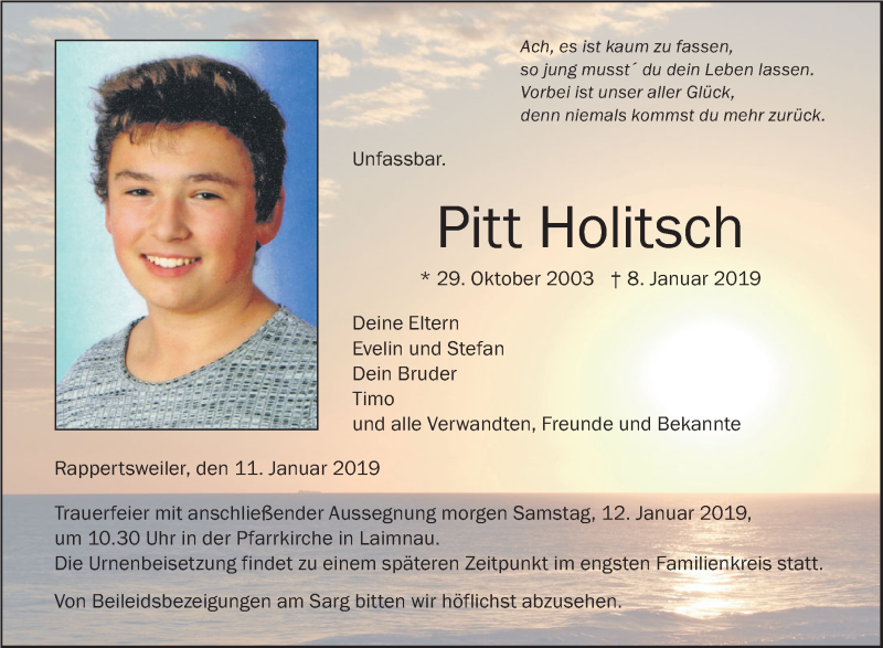  Traueranzeige für Pitt Holitsch vom 11.01.2019 aus Schwäbische Zeitung