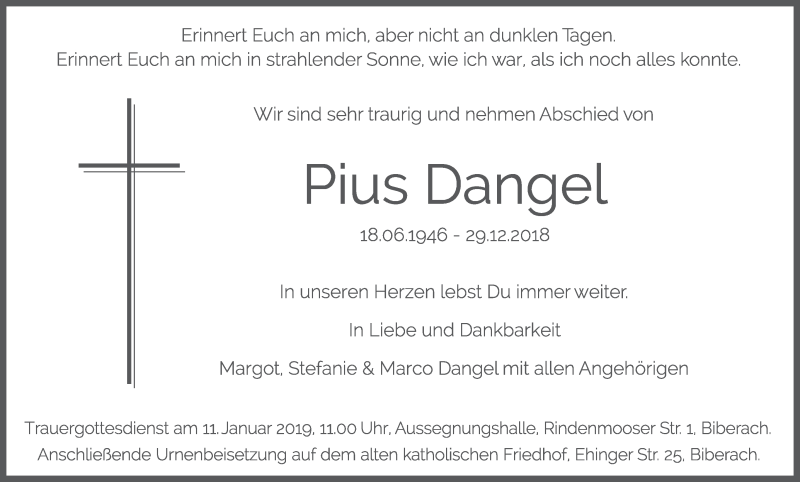  Traueranzeige für Pius Dangel vom 05.01.2019 aus Schwäbische Zeitung