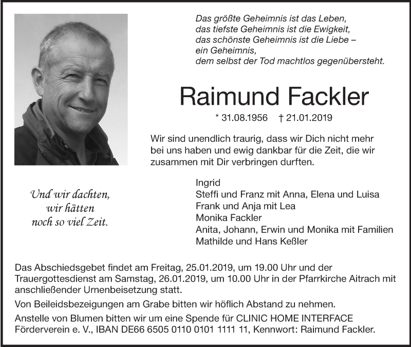  Traueranzeige für Raimund Fackler vom 24.01.2019 aus Schwäbische Zeitung