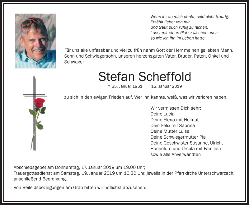  Traueranzeige für Stefan Scheffold vom 16.01.2019 aus Schwäbische Zeitung