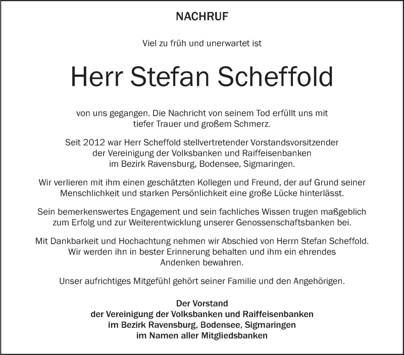 Traueranzeige für Stefan Scheffold vom 19.01.2019 aus Schwäbische Zeitung