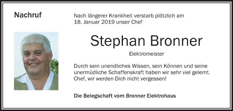  Traueranzeige für Stephan Bronner vom 22.01.2019 aus Schwäbische Zeitung