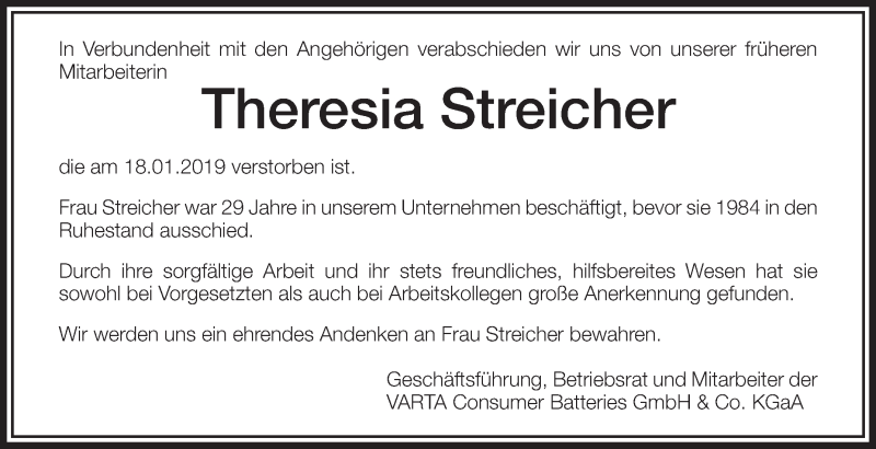 Traueranzeige für Theresia Streicher vom 23.01.2019 aus Schwäbische Zeitung