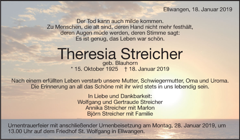  Traueranzeige für Theresia Streicher vom 22.01.2019 aus Schwäbische Zeitung