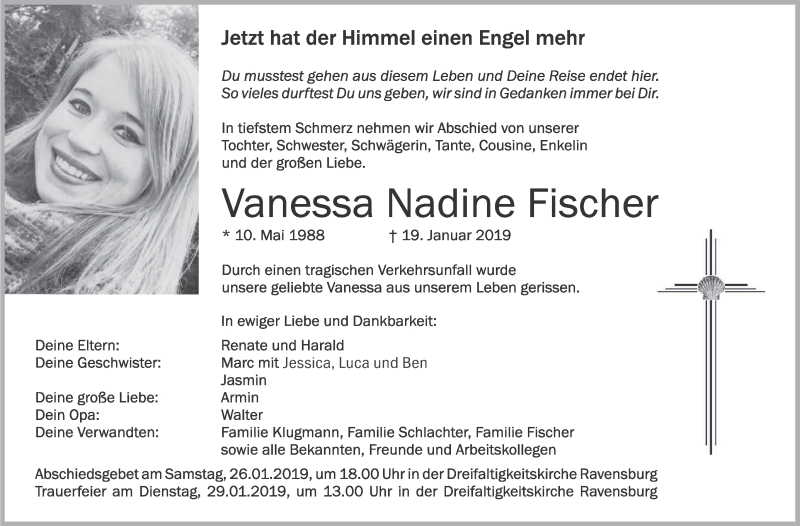  Traueranzeige für Vanessa Nadine Fischer vom 24.01.2019 aus Schwäbische Zeitung