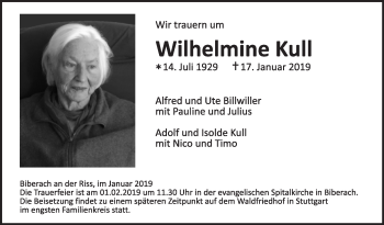 Anzeige von Wilhelmine Kull von Schwäbische Zeitung