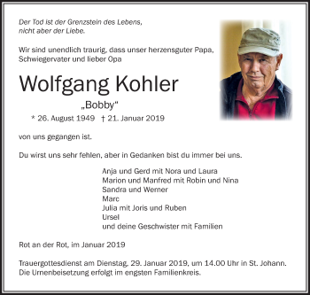 Anzeige von Wolfgang Kohler von Schwäbische Zeitung