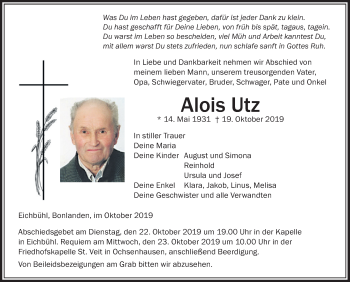 Anzeige von Alois Utz von Schwäbische Zeitung