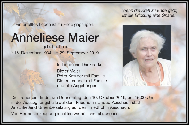 Traueranzeigen von Anneliese Maier | schwaebische.de Trauerportal