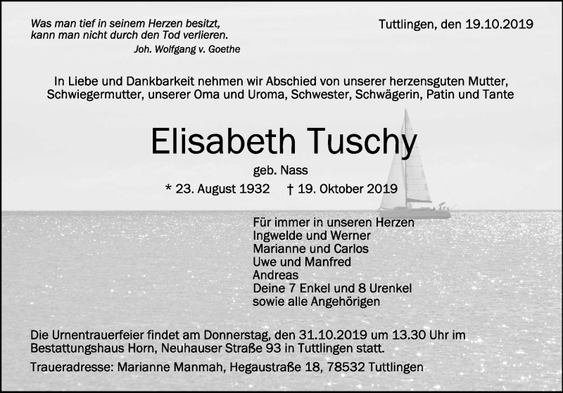  Traueranzeige für Elisabeth Tuschy vom 26.10.2019 aus Schwäbische Zeitung