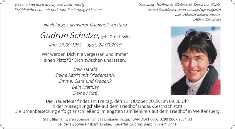  Traueranzeige für Gudrun Schulze vom 02.10.2019 aus Schwäbische Zeitung