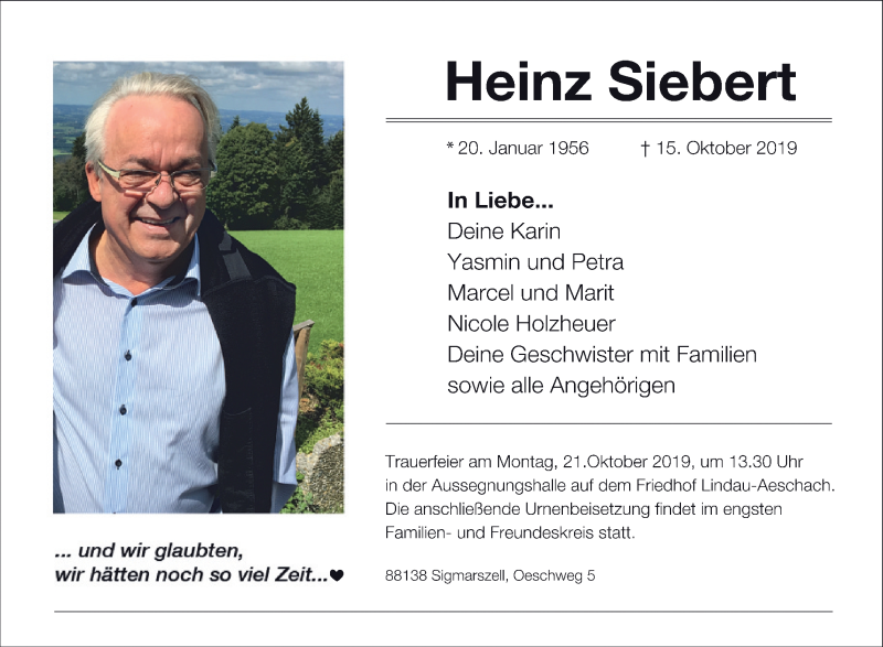  Traueranzeige für Heinz Siebert vom 17.10.2019 aus Schwäbische Zeitung