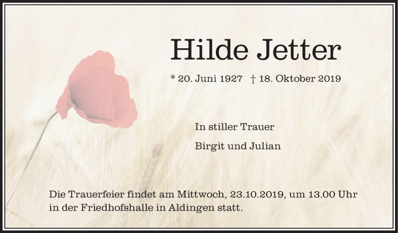  Traueranzeige für Hilde Jetter vom 22.10.2019 aus Schwäbische Zeitung