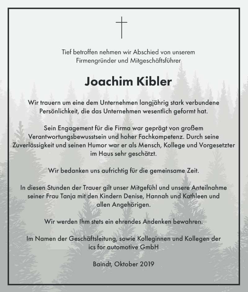  Traueranzeige für Joachim Kibler vom 19.10.2019 aus Schwäbische Zeitung