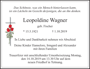 Anzeige von Leopoldine Wagner von Schwäbische Zeitung