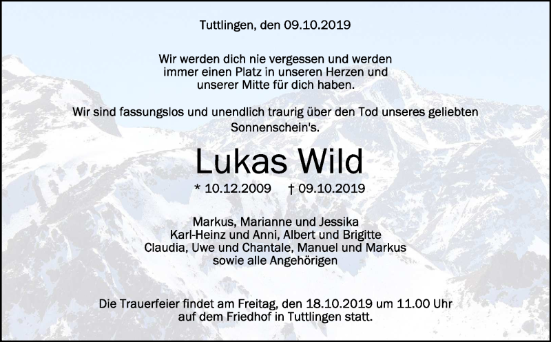  Traueranzeige für Lukas Wild vom 15.10.2019 aus Schwäbische Zeitung