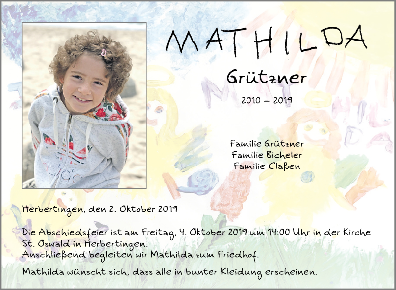  Traueranzeige für Mathilda Grützner vom 02.10.2019 aus Schwäbische Zeitung