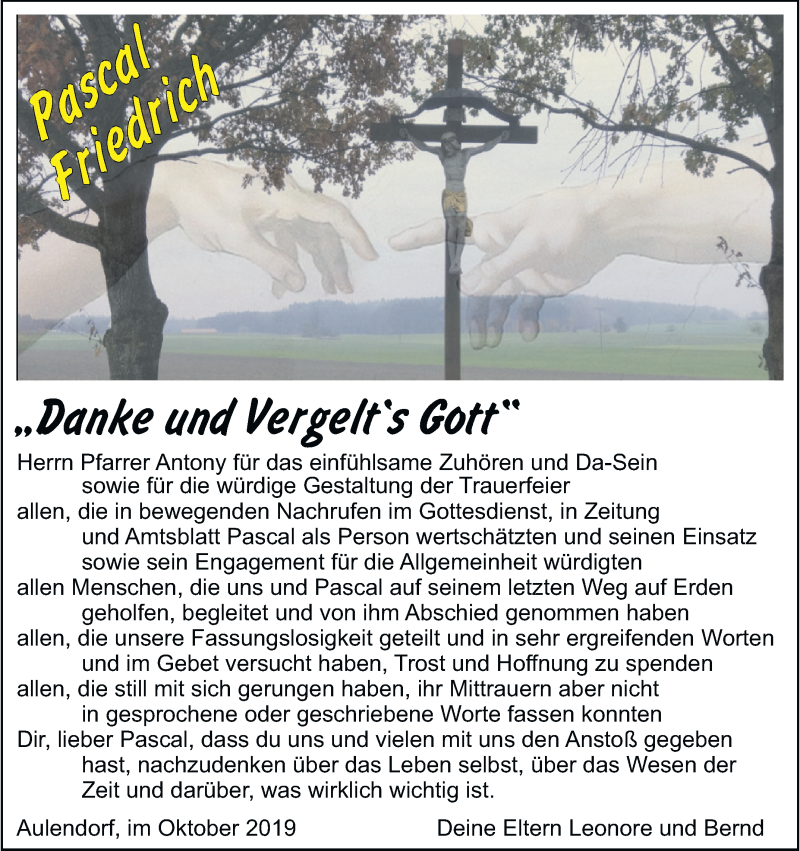  Traueranzeige für Pascal Friedrich vom 19.10.2019 aus Schwäbische Zeitung